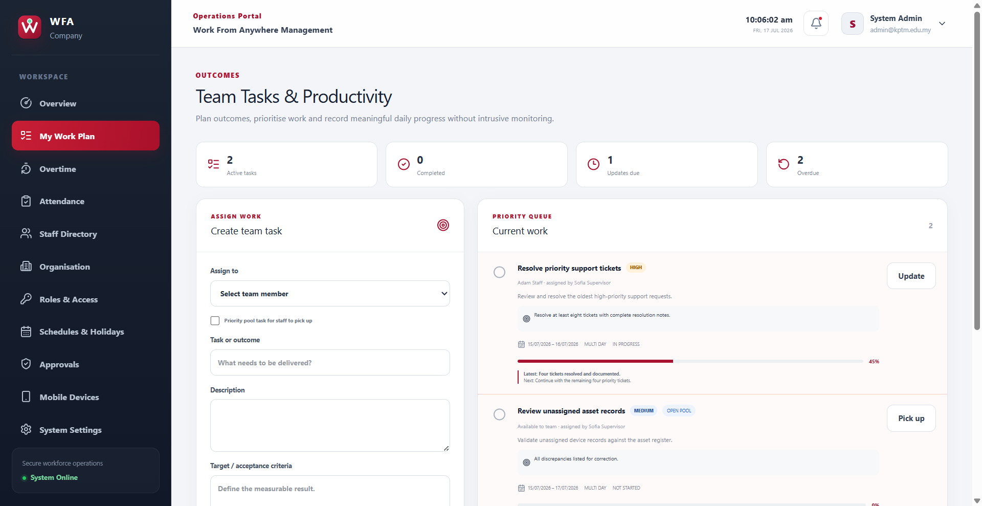 Work From Anywhere (WFA) screenshot